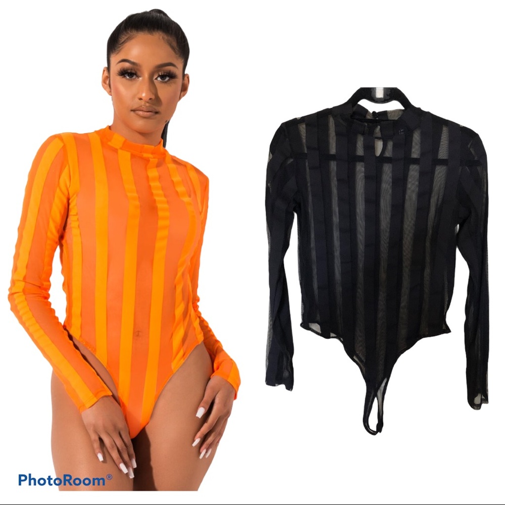 Akira black striped mesh long sleeve bodysuit